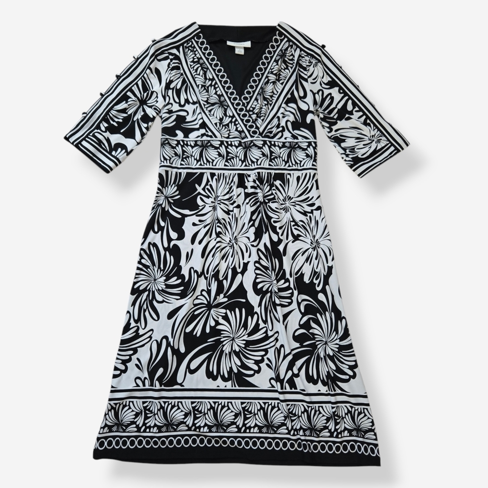 Dressbarn Black and White Floral Midi Quarter Peek-a-boo Sleeves V Neck Size 4